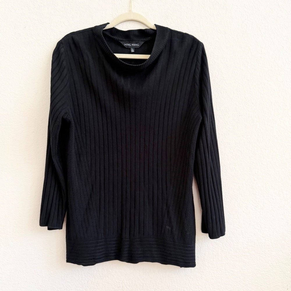 Ming Wang Womens Black Ribbed Knit Mock Neck 3/4 Sleeve Top Size L RN 73924